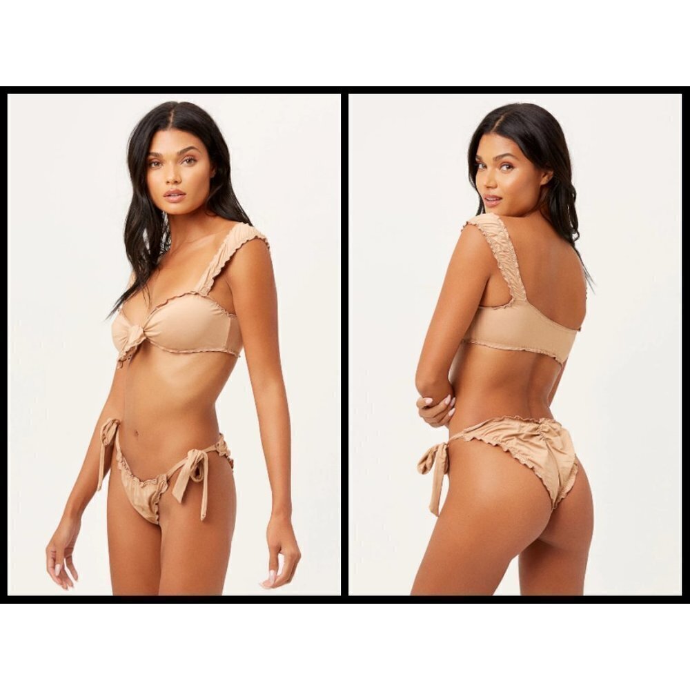 💕FRANKIE'S BIKINIS💕 Colby Tie Front Ruffle Bikini Top Earth Large L NWT